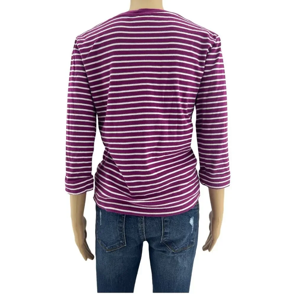 Jones New York (M) Purple White Striped  Rolled Cuff 1/2 Sleeve Boat Tee Shirt - Picture 5 of 7